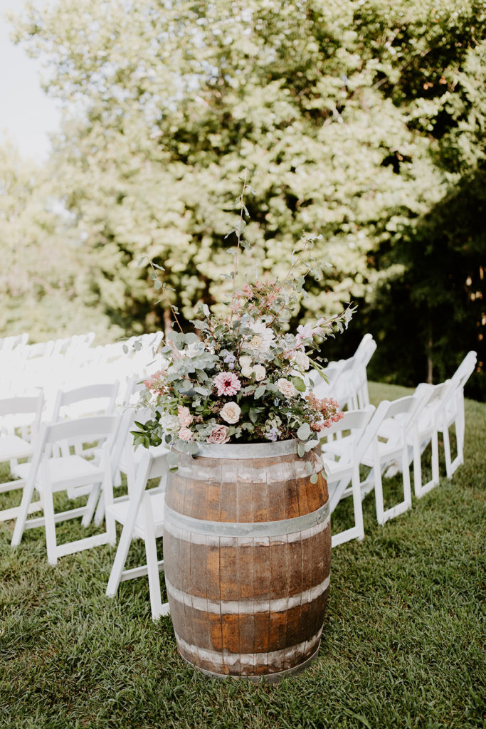 wedding barn ceremony aisle decor wine barrel